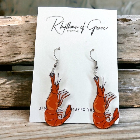 Seafood Chic: Whimsical Shrimp Earrings! NWT Dangle Shellfish Earrings - Picture 1 of 5